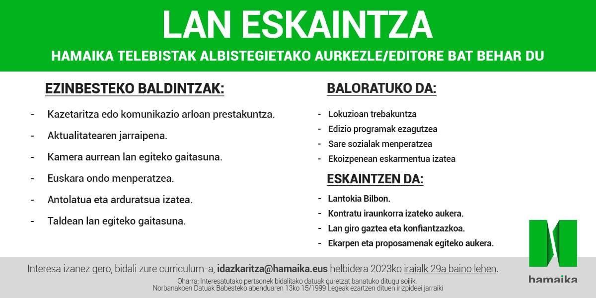 Hamaika Telebistak albistegietarako aurkezle/editore bat behar du irudia - iragarkilaburrak.eus