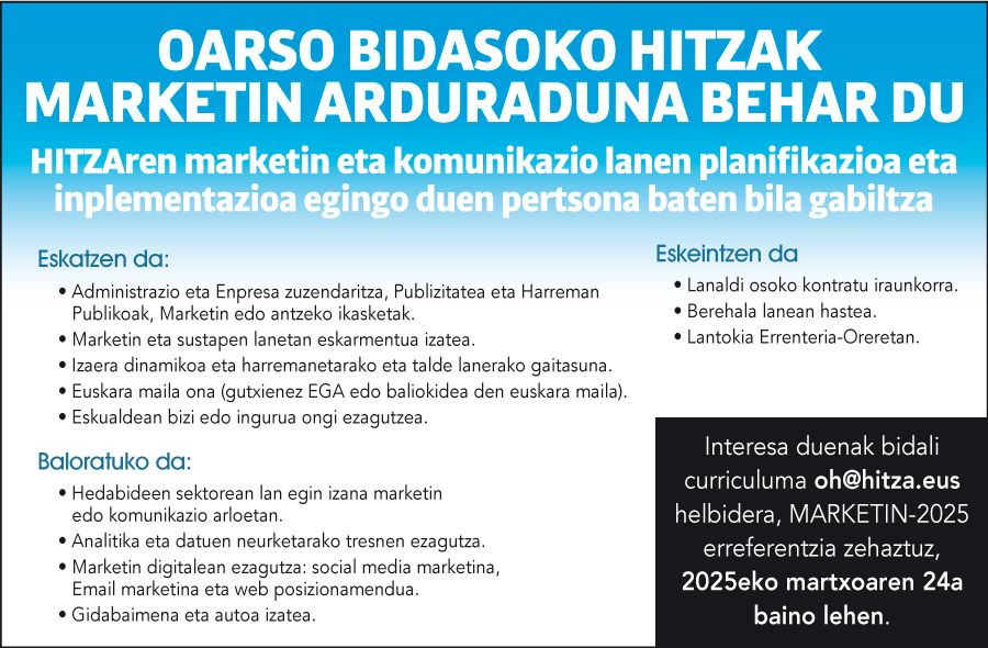 OARSO BIDASOKO HITZAK MARKETIN ARDURADUNA BEHAR DU irudia - iragarkilaburrak.eus