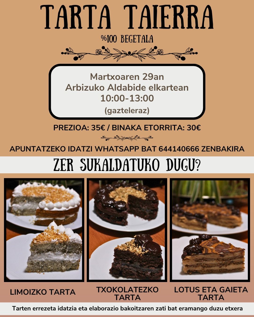 Tarta tailerra (%100 begetala) Arbizun irudia - iragarkilaburrak.eus