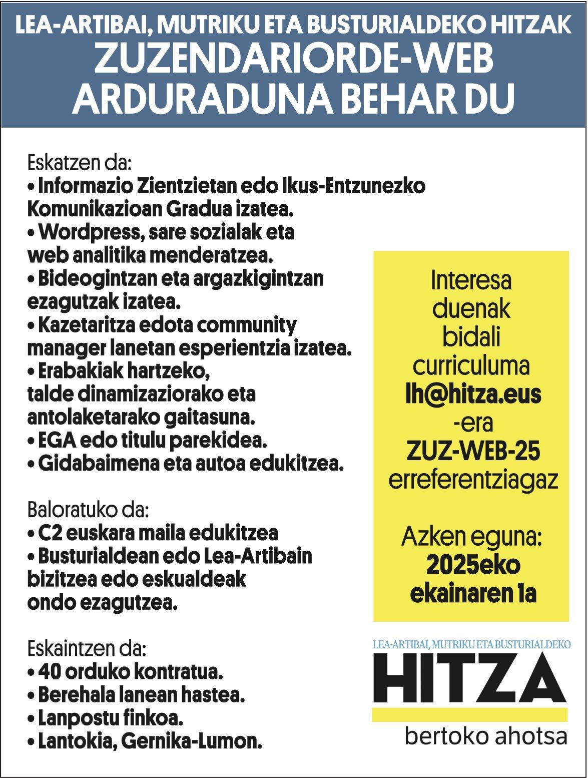 HITZArako Zuzendariorde-web arduraduna behar da irudia - iragarkilaburrak.eus