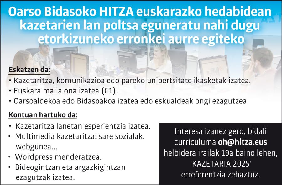 KAZETARIEN LAN POLTSA OARSO BIDASOAKO HITZAN irudia - iragarkilaburrak.eus